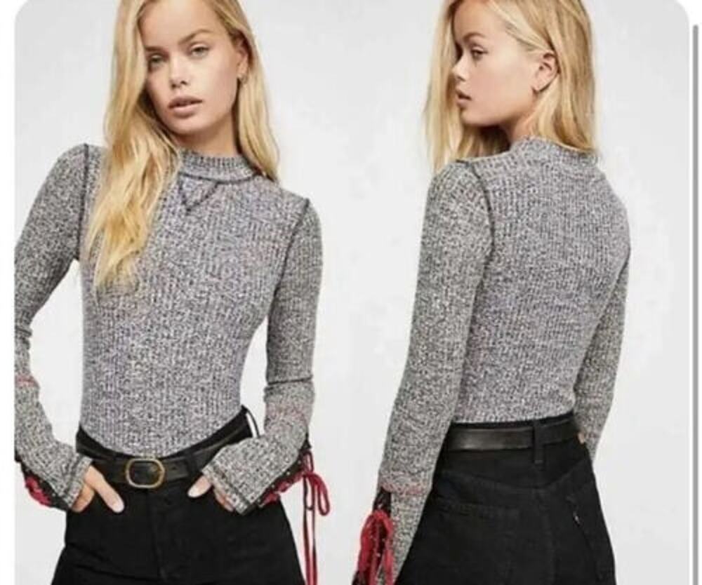 Free People Gray Mountaineer Lace Up Cuff Thermal Waffle Top Women’s Mock Neck S